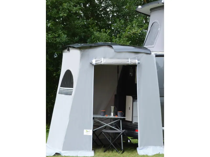 Clairval Spacecamp® rear tent for vans open and mounted on the tailgate of a compact van